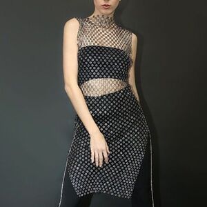 Vine Tree Size M/L Circled Rhinestones Fishnet Midi Dress
